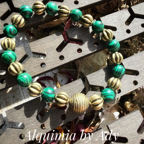 Old golden color and green malachite bracelet